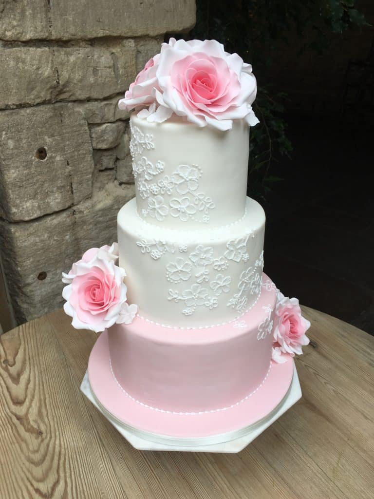 Pink and White, Hand Piped Lace detail, Sugar Roses